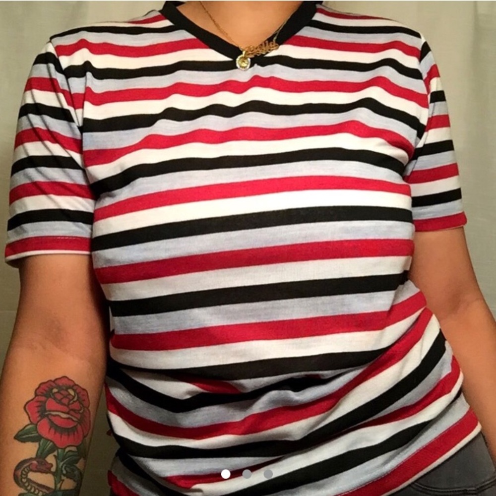 Black, white, and red striped shirt